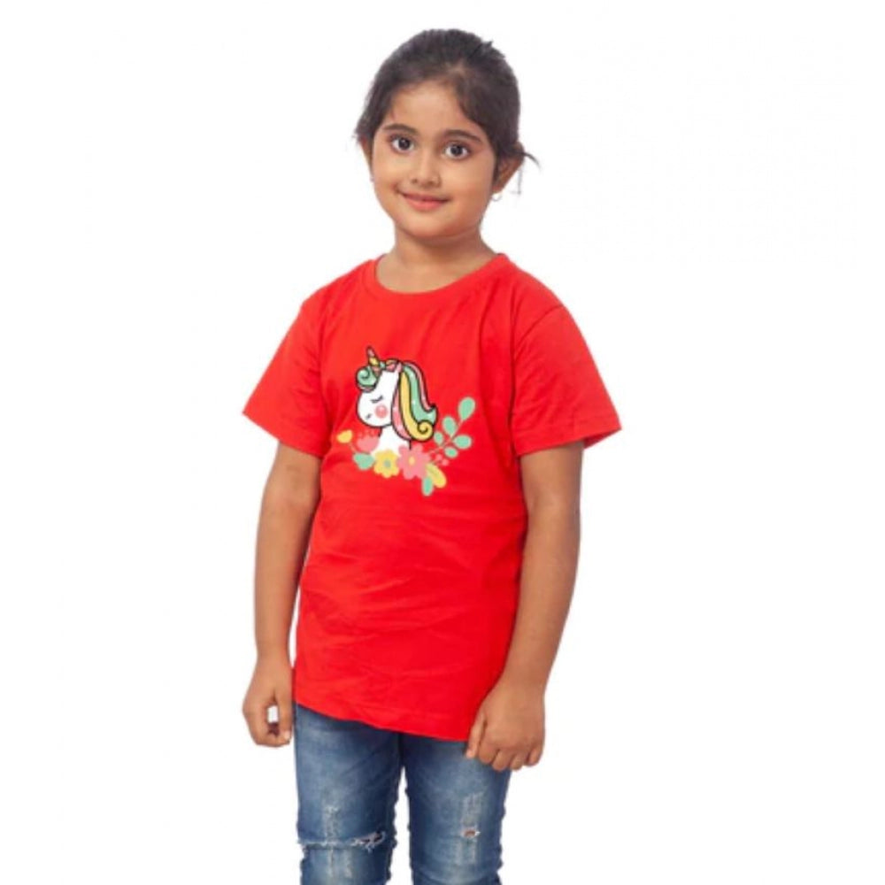 Amfyn Girls Cotton Unicorn Face Half Sleeve TShirt (Red)
