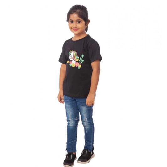 Amfyn Girls Cotton Unicorn Face Half Sleeve TShirt (Black)