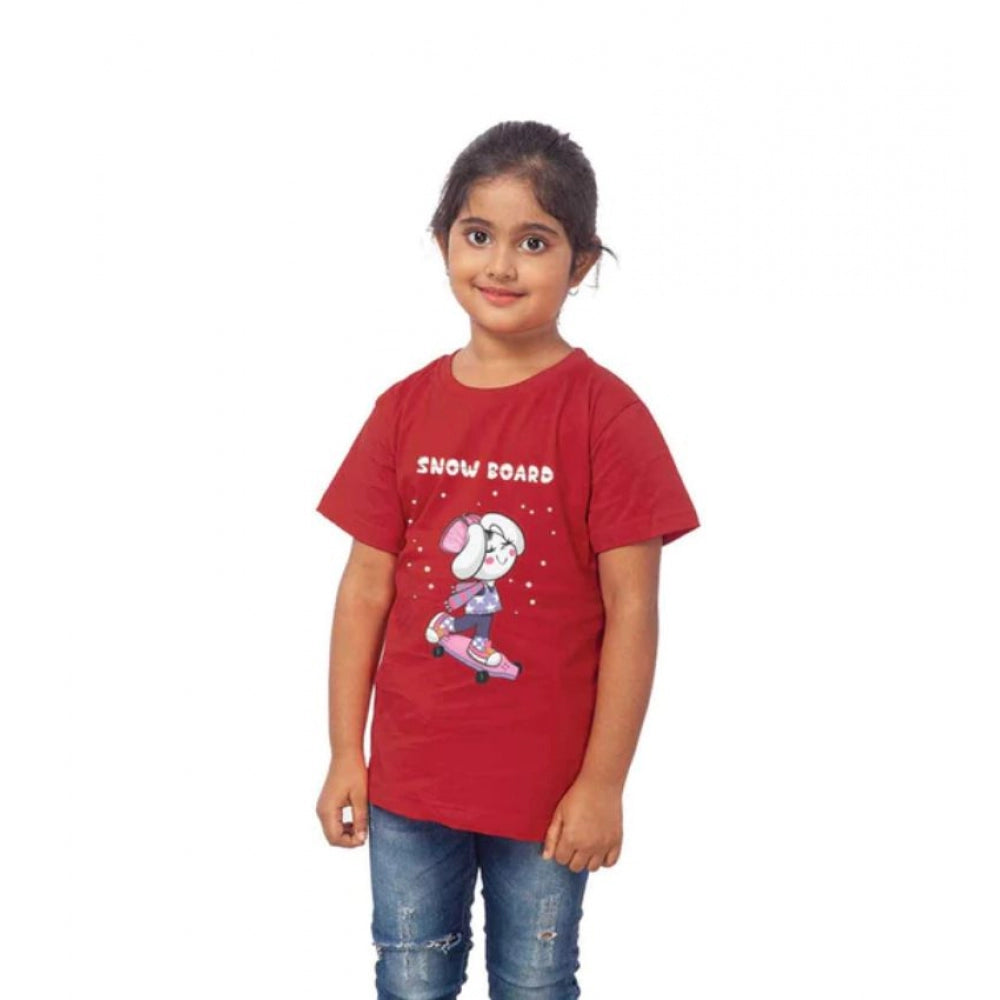 Amfyn Girls Cotton Snow Board Half Sleeve TShirt (Maroon)