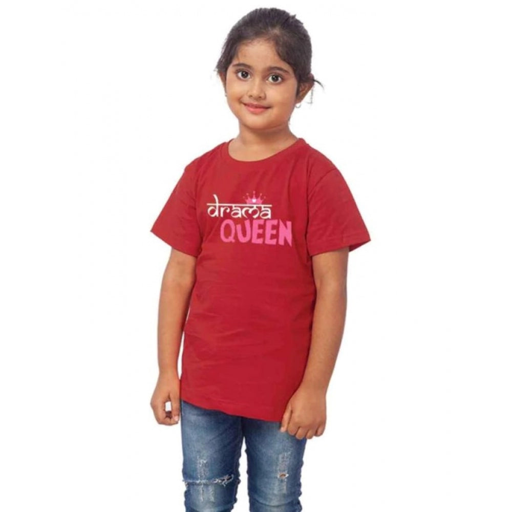 Amfyn Girls Cotton Drama Queen Half Sleeve TShirt (Maroon)