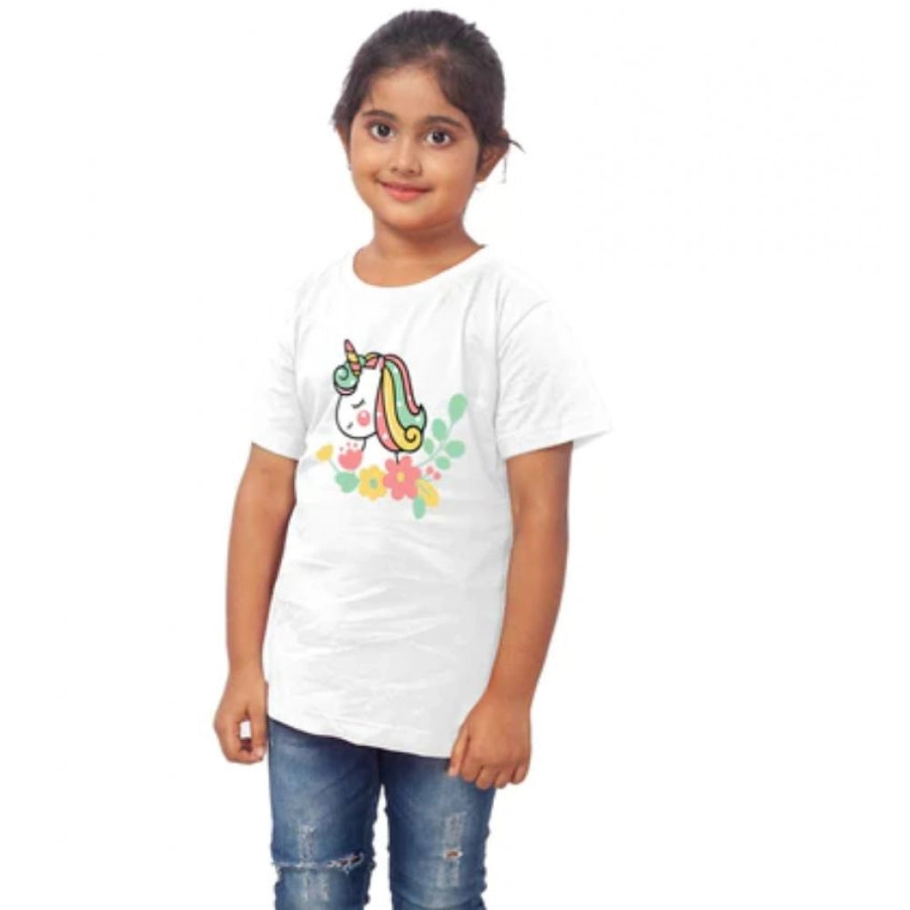 Amfyn Girls Cotton Unicorn Face Half Sleeve TShirt (White)