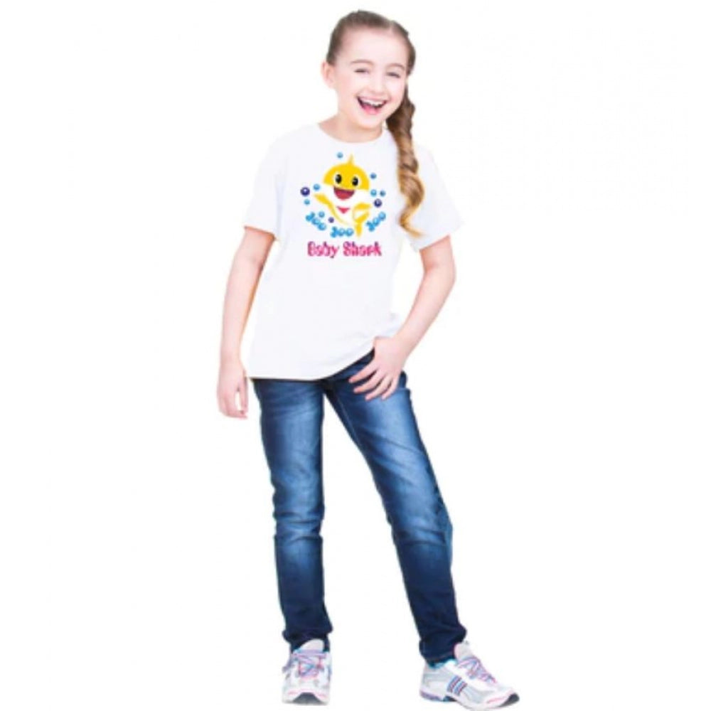 Amfyn Girls Cotton Baby Shark Half Sleeve TShirt (White)