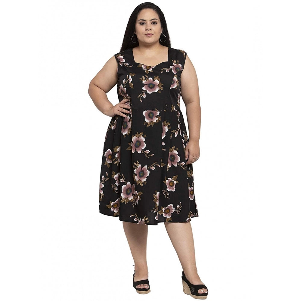 Amfyn Women's Crepe Printed Knee Length Fit and Flare Dress (Black)