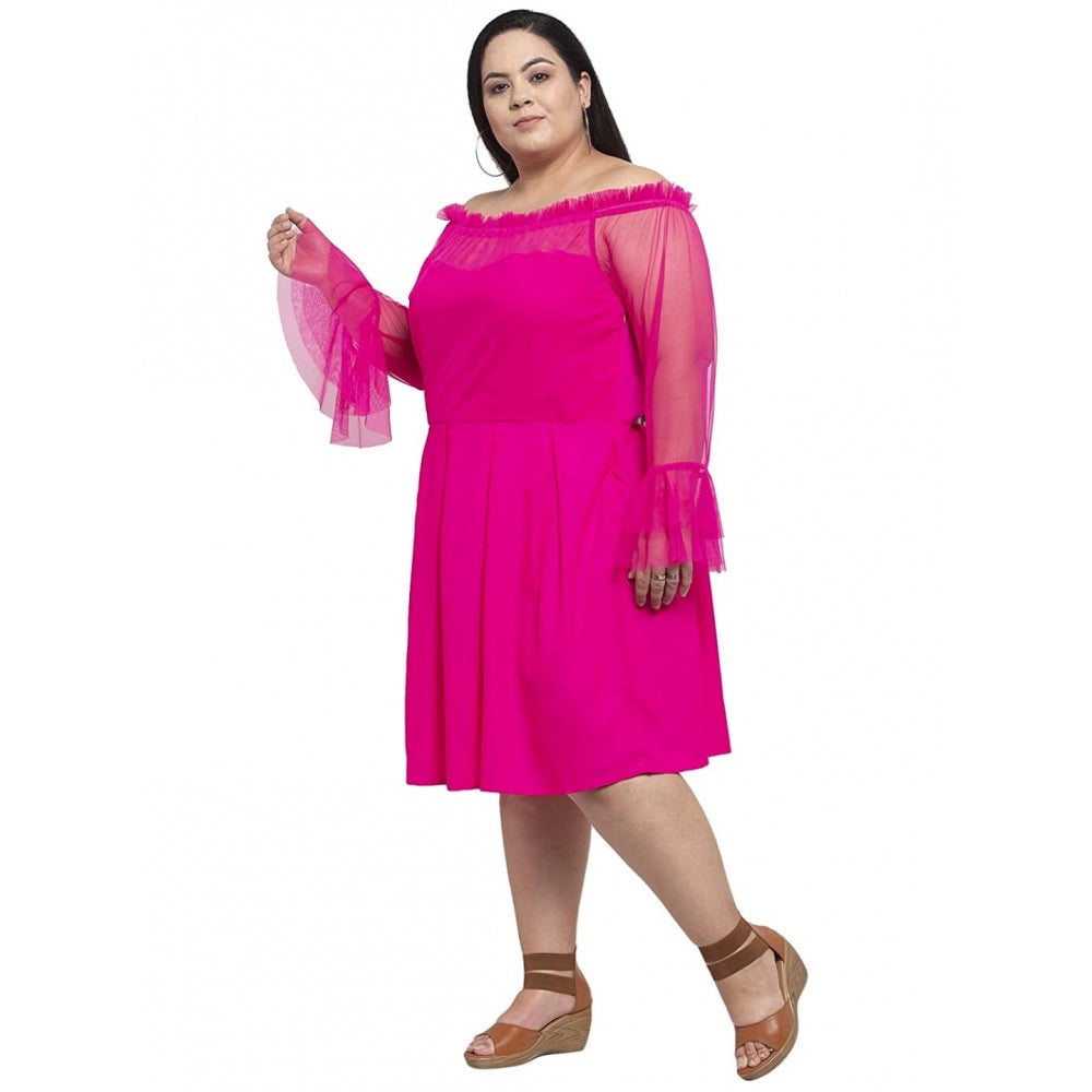 Amfyn Women's Crepe Solid Knee Length Fit and Flare Dress (Pink)
