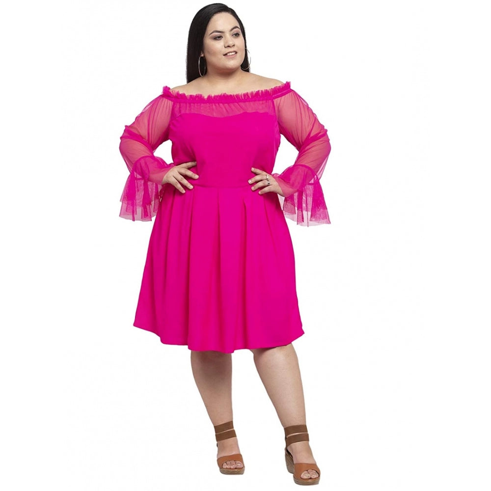 Amfyn Women's Crepe Solid Knee Length Fit and Flare Dress (Pink)