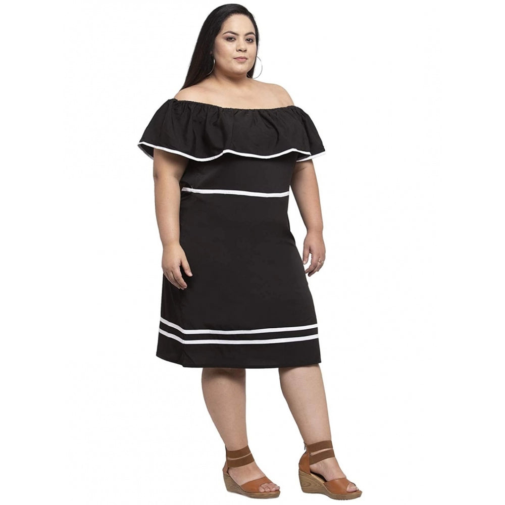 Amfyn Women's Crepe Solid Knee Length Fit and Flare Dress (Black)