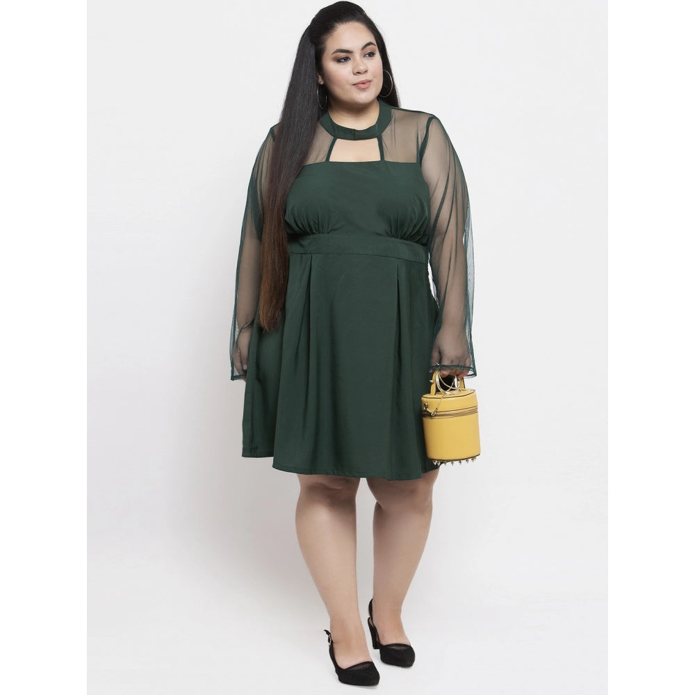 Amfyn Women's Crepe Solid Knee Length Fit and Flare Dress (Green)