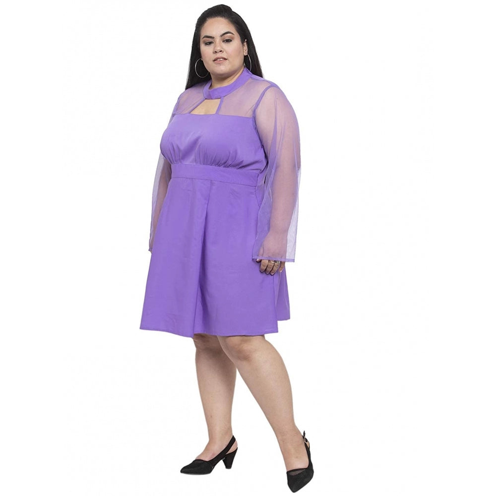 Amfyn Women's Crepe Solid Knee Length Fit and Flare Dress (Purple)