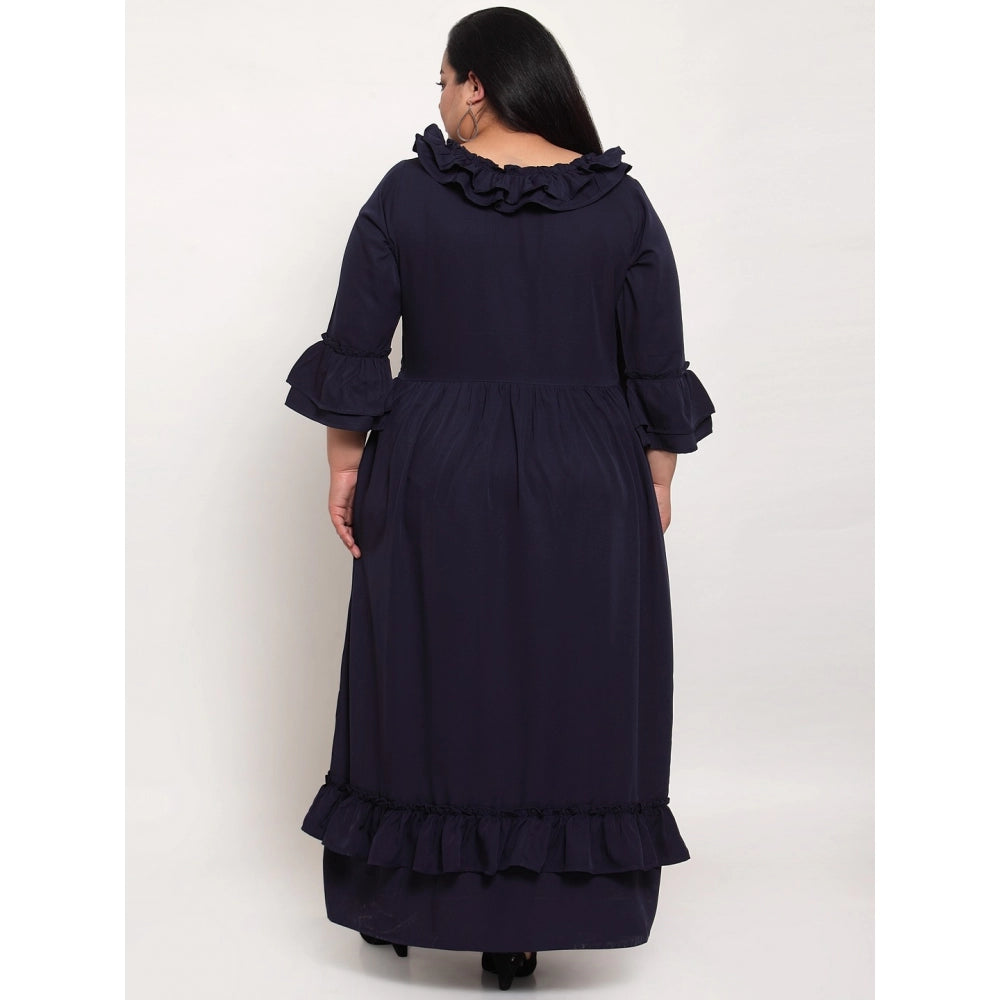 Amfyn Women's Crepe Solid Full Length Fit and Flare Dress (Navy Blue)