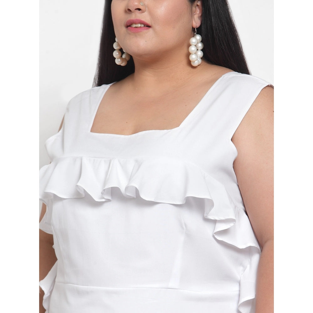 Amfyn Women's Crepe Solid Knee Length Fit and Flare Dress (White)