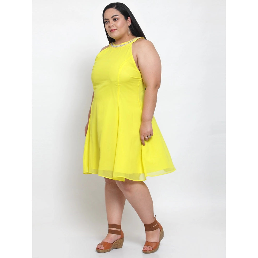 Amfyn Women's Georgette Solid Knee Length Fit and Flare Dress (Yellow)