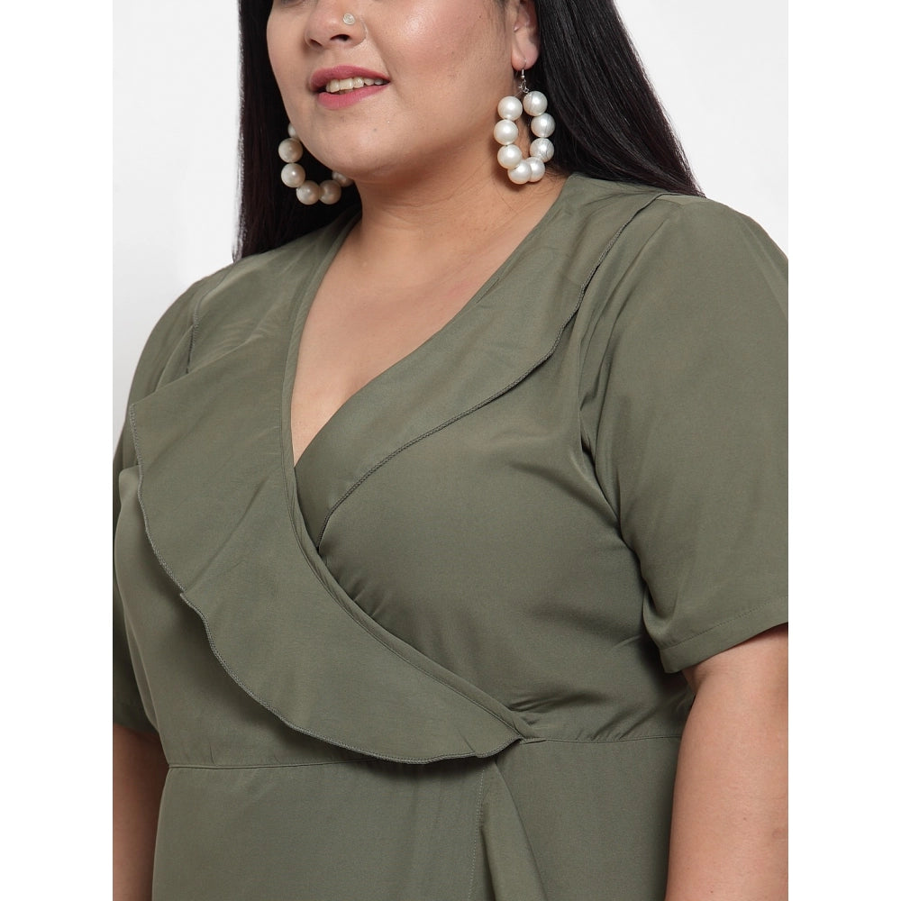 Amfyn Women's Crepe Solid Knee Length Fit and Flare Dress (Olive Green)