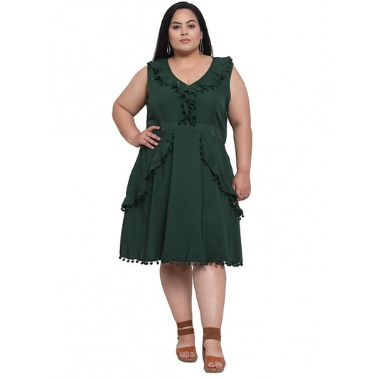 Amfyn Women's Crepe Solid Knee Length Fit and Flare Dress (Botal Green)