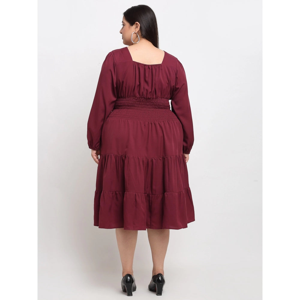 Amfyn Women's Crepe Solid Knee Length Fit and Flare Dress (Maroon)