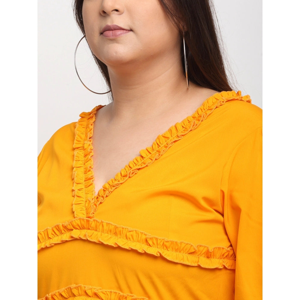 Amfyn Women's Crepe Solid Knee Length Fit and Flare Dress (Yellow)