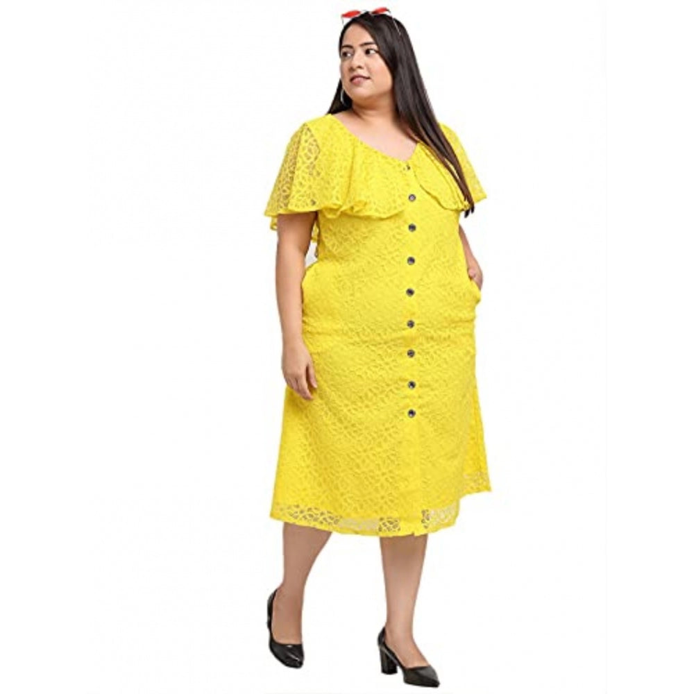 Amfyn Women's Net Solid Knee Length Fit and Flare Dress (Yellow)