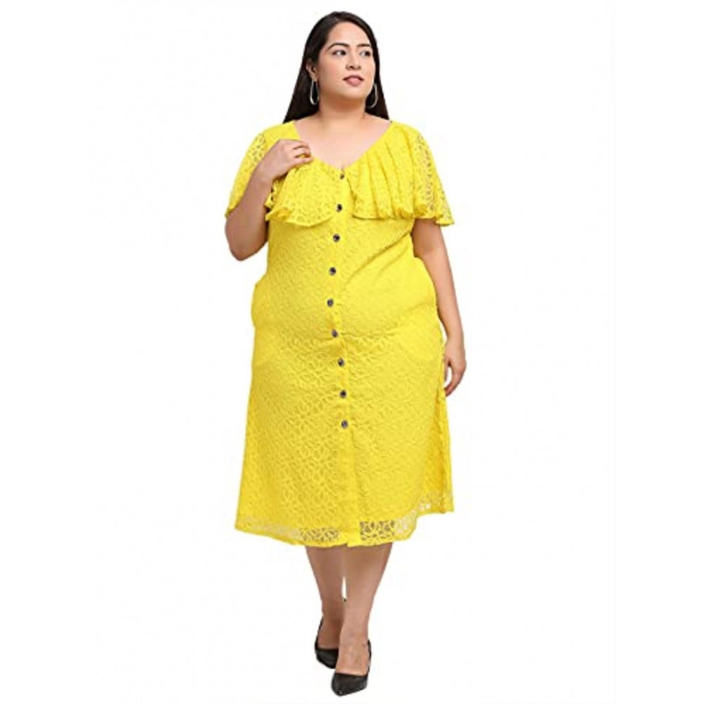 Amfyn Women's Net Solid Knee Length Fit and Flare Dress (Yellow)