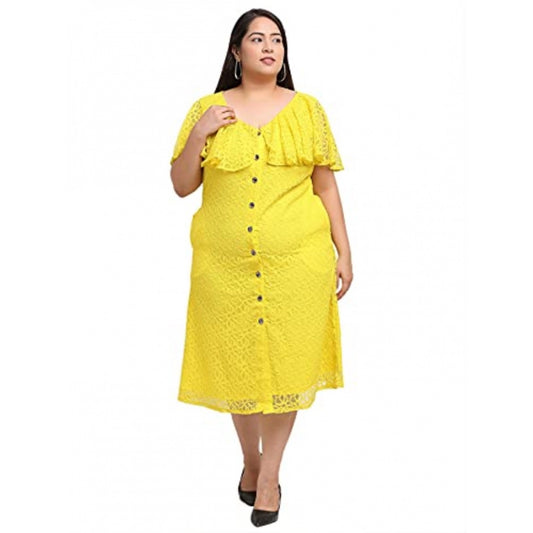 Amfyn Women's Net Solid Knee Length Fit and Flare Dress (Yellow)