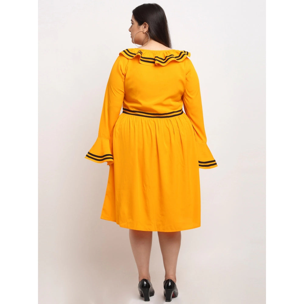 Amfyn Women's Crepe Solid Knee Length Fit and Flare Dress (Yellow)