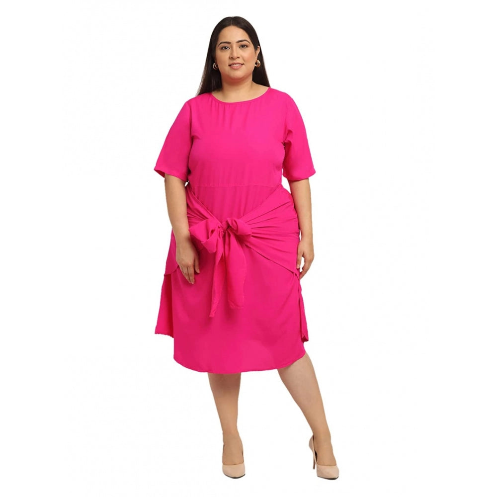 Amfyn Women's Crepe Solid Knee Length Fit and Flare Dress (Pink)
