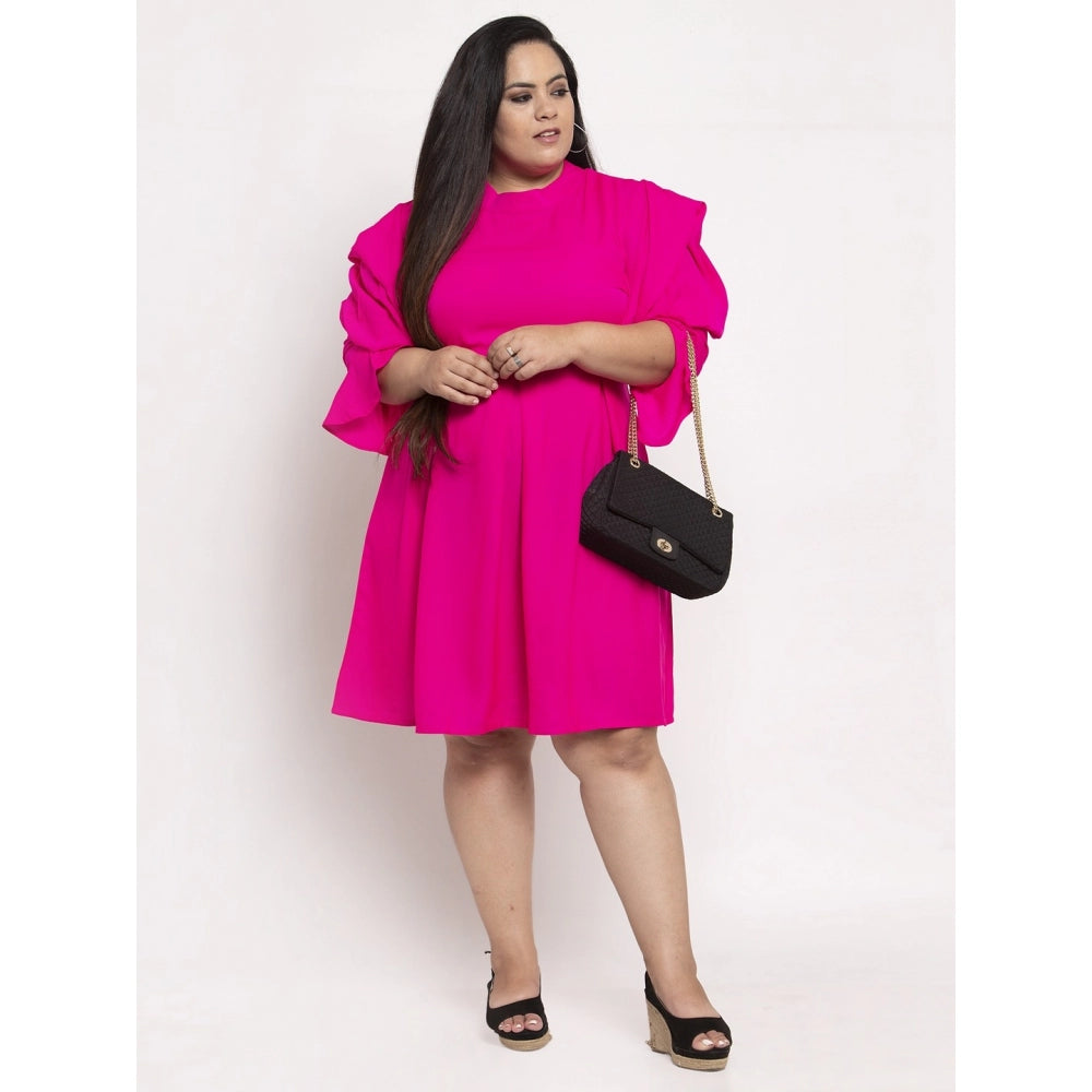 Amfyn Women's Crepe Solid Knee Length Fit and Flare Dress (Pink)