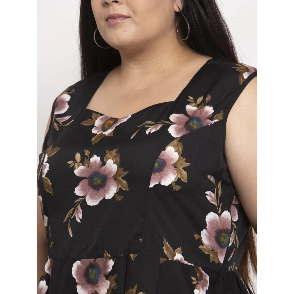 Amfyn Women's Crepe Printed Knee Length Fit and Flare Dress (Black)