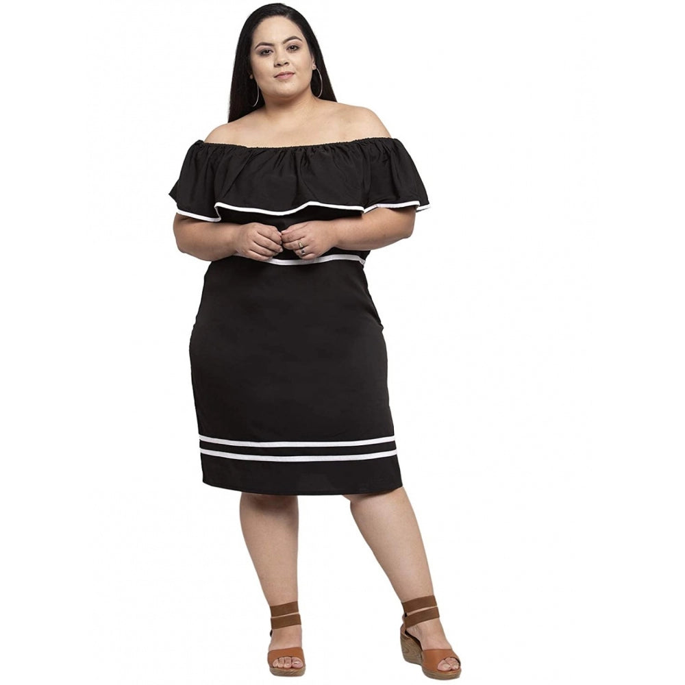 Amfyn Women's Crepe Solid Knee Length Fit and Flare Dress (Black)