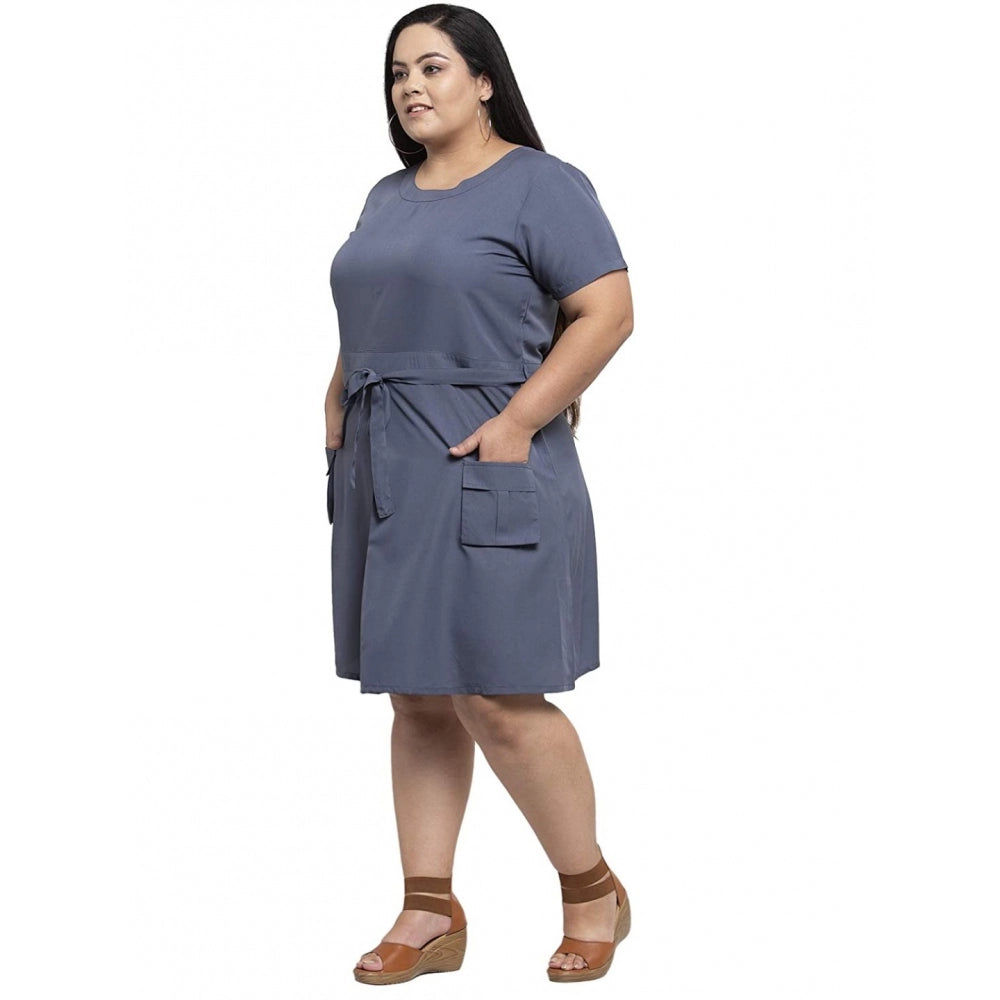 Amfyn Women's Crepe Solid Knee Length Fit and Flare Dress (Grey)