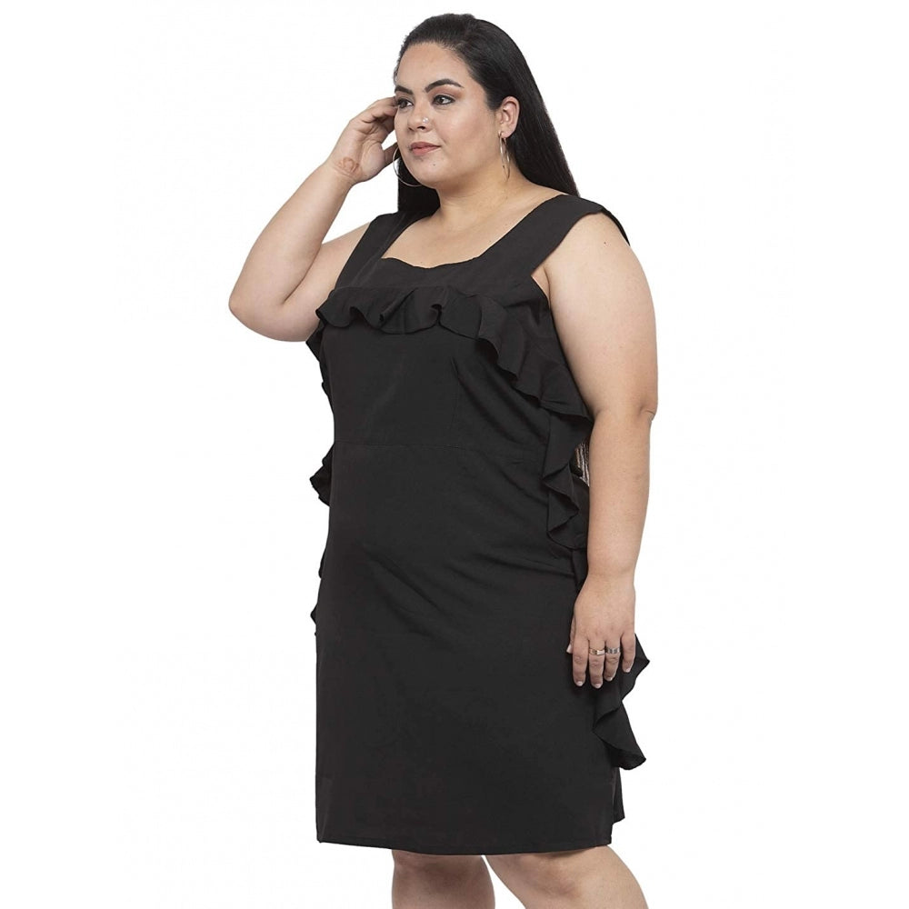 Amfyn Women's Crepe Solid Knee Length Fit and Flare Dress (Black)