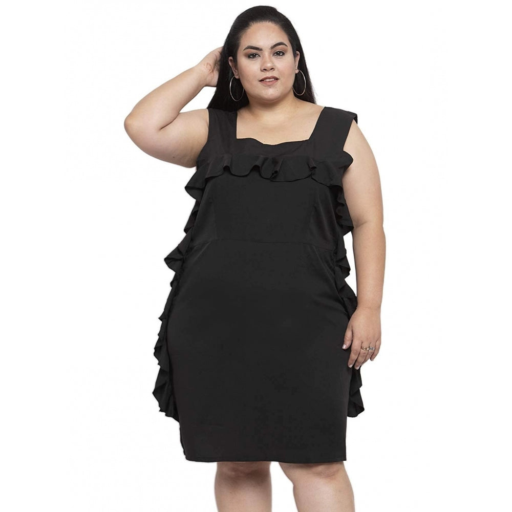 Amfyn Women's Crepe Solid Knee Length Fit and Flare Dress (Black)