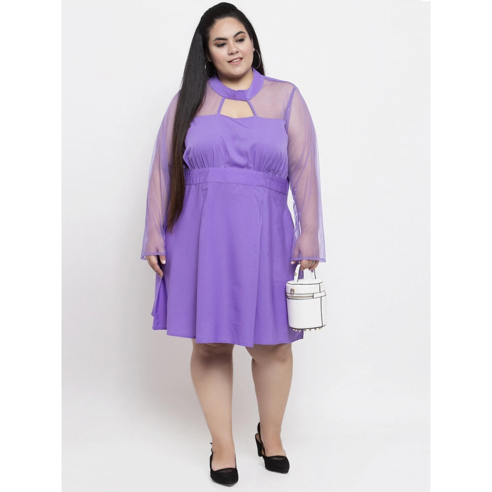 Amfyn Women's Crepe Solid Knee Length Fit and Flare Dress (Purple)