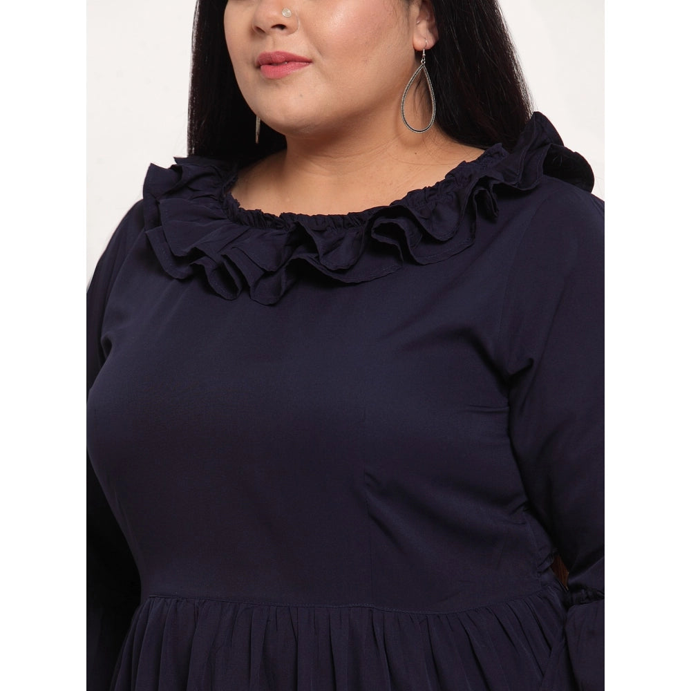 Amfyn Women's Crepe Solid Full Length Fit and Flare Dress (Navy Blue)