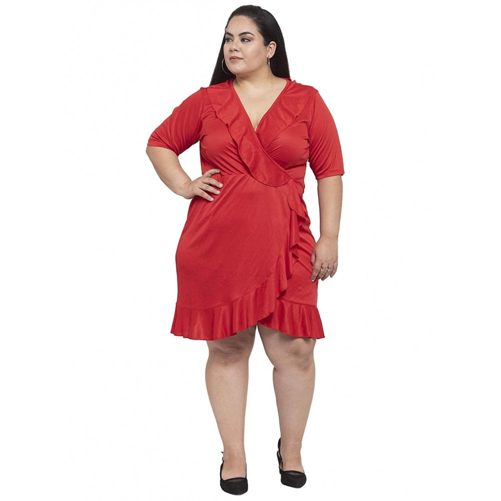 Amfyn Women's Hojri Solid Knee Length Fit and Flare Dress (Red)