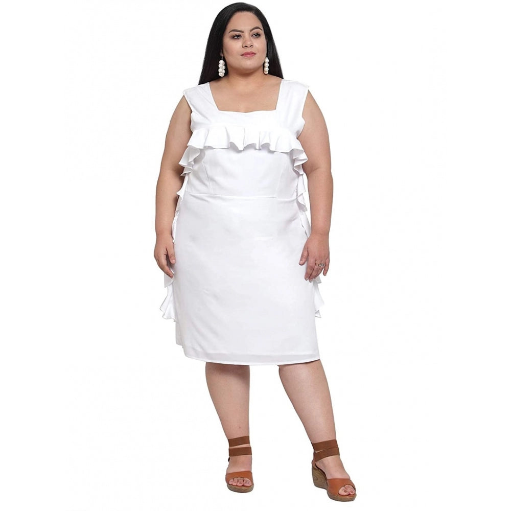 Amfyn Women's Crepe Solid Knee Length Fit and Flare Dress (White)