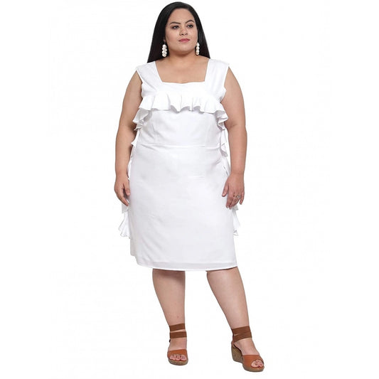 Amfyn Women's Crepe Solid Knee Length Fit and Flare Dress (White)