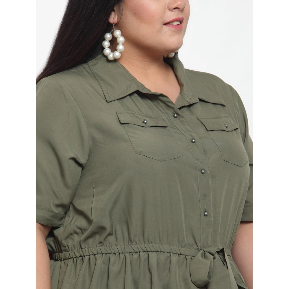 Amfyn Women's Crepe Solid Knee Length Fit and Flare Dress (Olive Green)