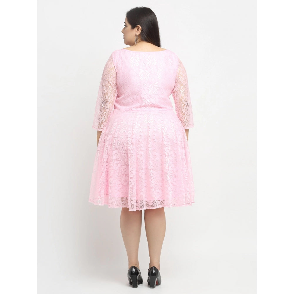 Amfyn Women's Net Solid Knee Length Fit and Flare Dress (Pink)