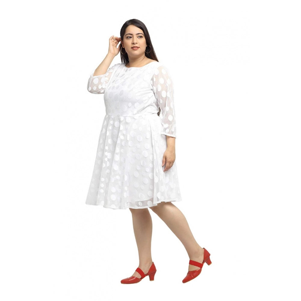 Amfyn Women's Net Solid Knee Length Fit and Flare Dress (White)