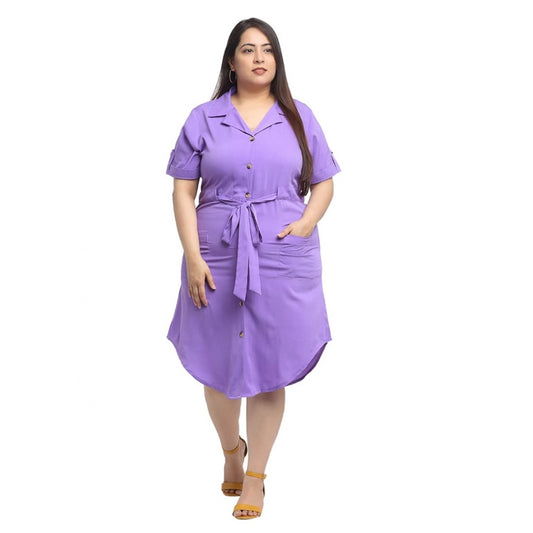 Amfyn Women's Crepe Solid Knee Length Fit and Flare Dress (Purple)