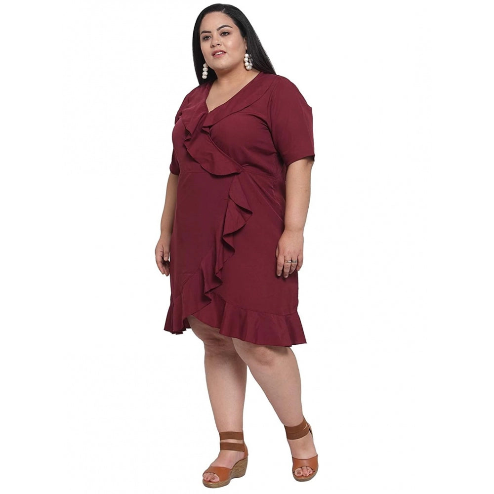 Amfyn Women's Crepe Solid Knee Length Fit and Flare Dress (Maroon)