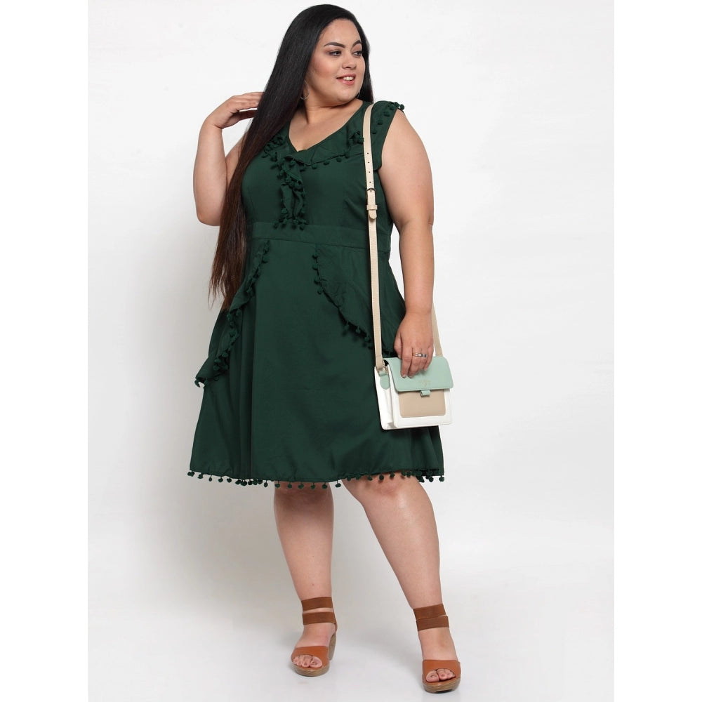 Amfyn Women's Crepe Solid Knee Length Fit and Flare Dress (Botal Green)