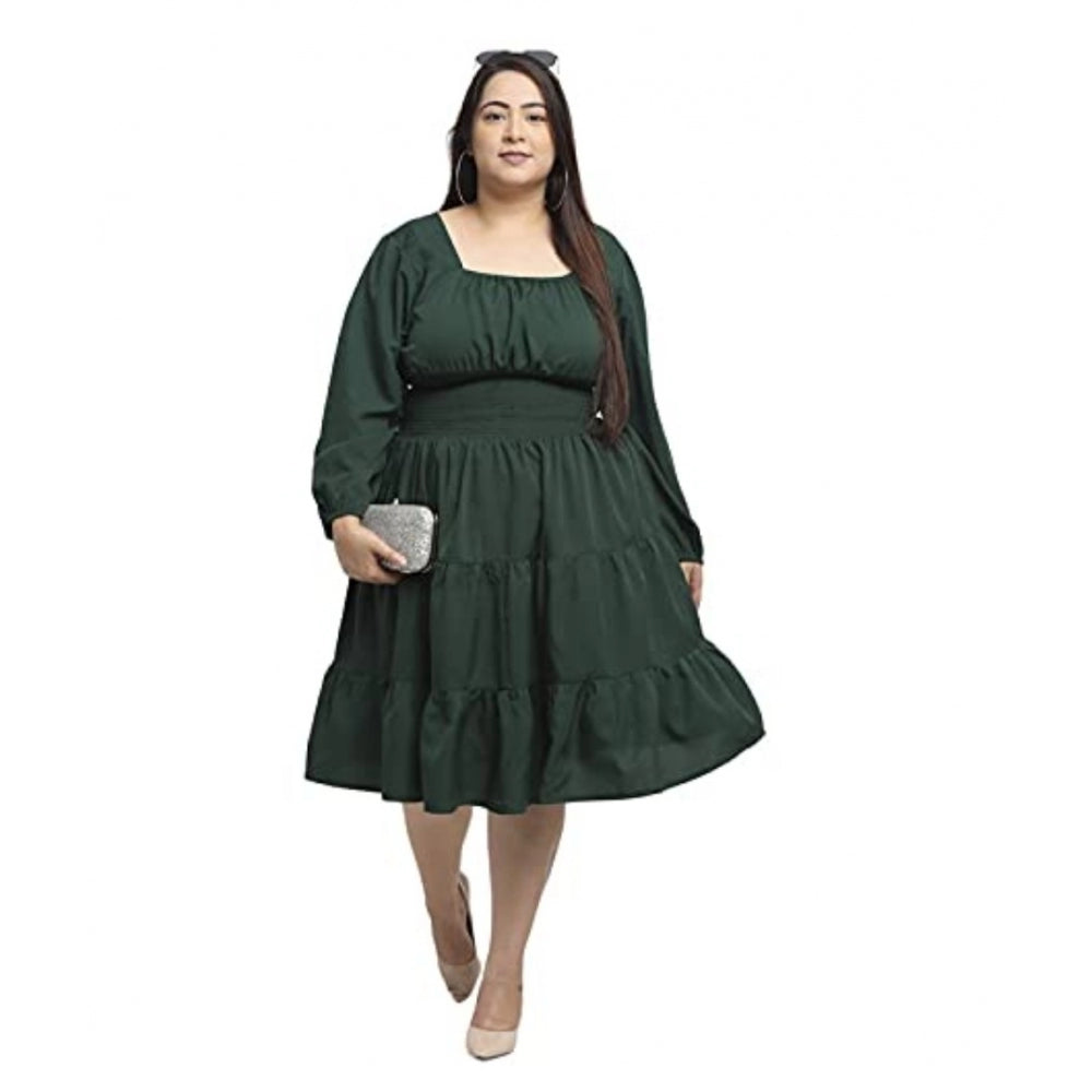 Amfyn Women's Crepe Solid Knee Length Fit and Flare Dress (Bottle Green)