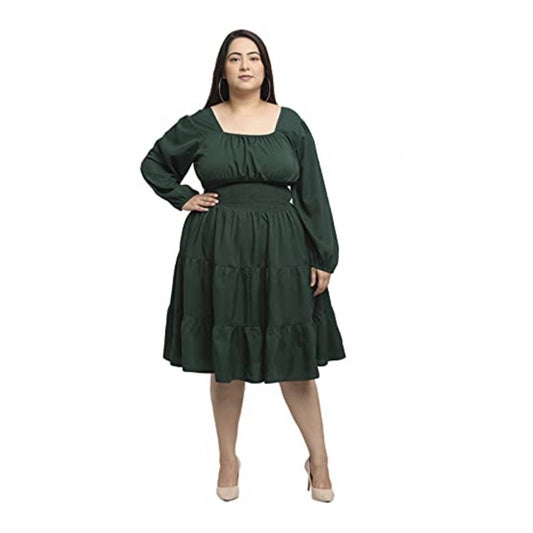 Amfyn Women's Crepe Solid Knee Length Fit and Flare Dress (Bottle Green)