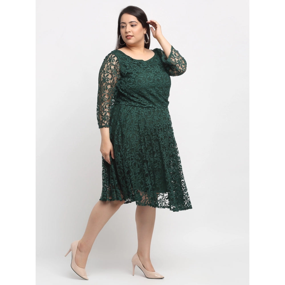 Amfyn Women's Net Solid Knee Length Fit and Flare Dress (Botal Green)