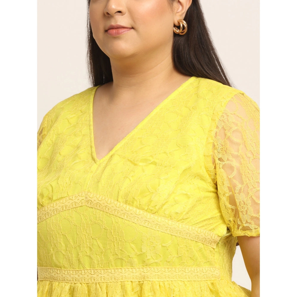 Amfyn Women's Net Solid Knee Length Fit and Flare Dress (Yellow)