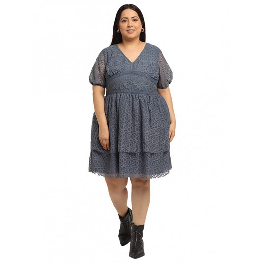 Amfyn Women's Net Solid Knee Length Fit and Flare Dress (Gery)