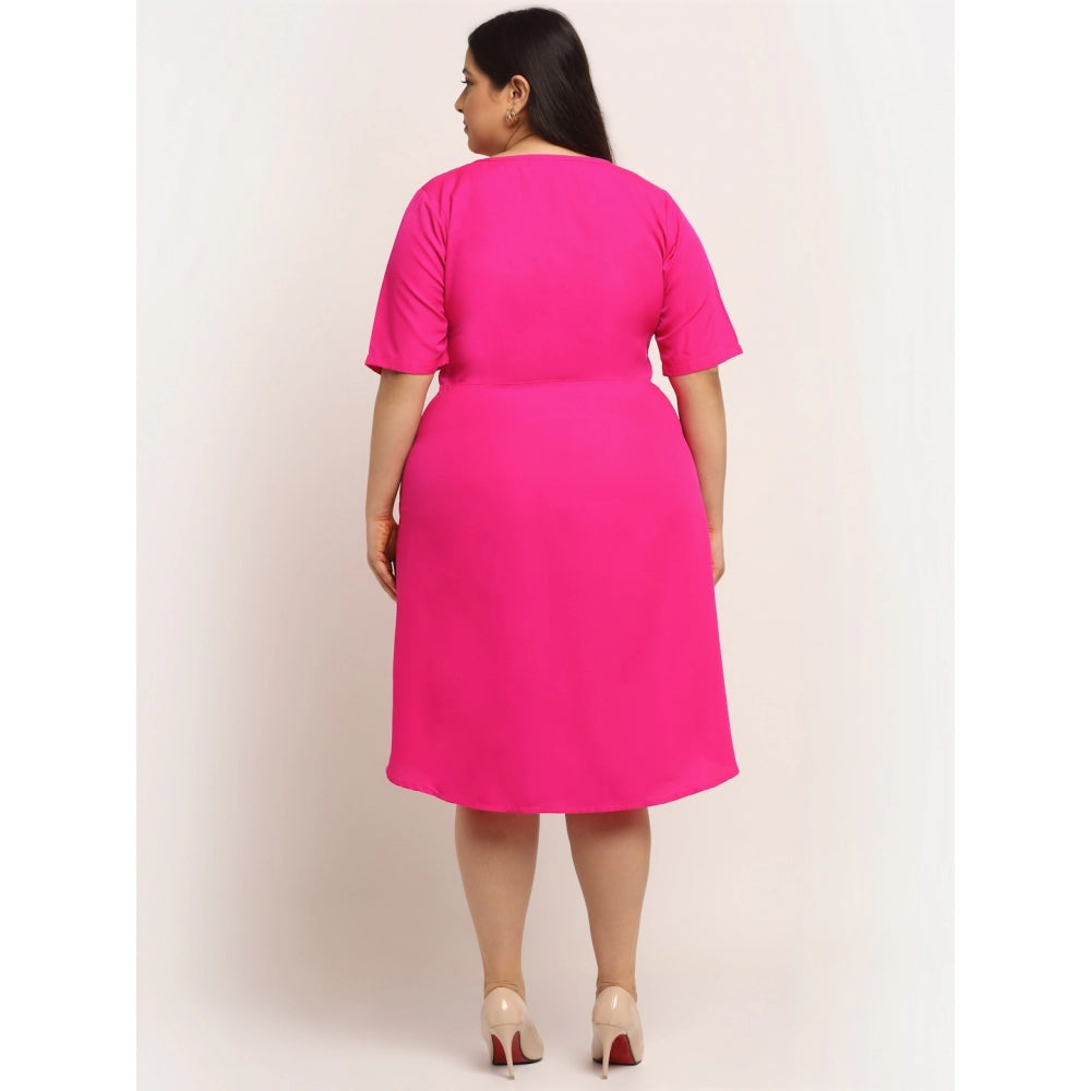 Amfyn Women's Crepe Solid Knee Length Fit and Flare Dress (Pink)