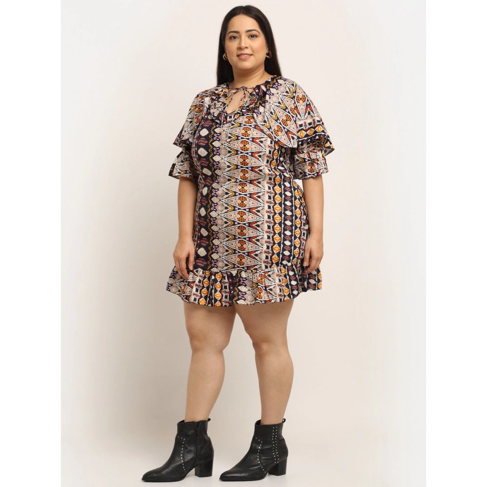 Amfyn Women's Crepe Printed Knee Length Fit and Flare Dress (Multi)