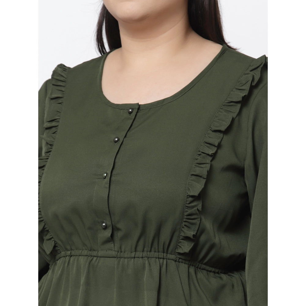 Amfyn Women's Crepe Solid Knee Length Fit and Flare Dress (Botal Green)