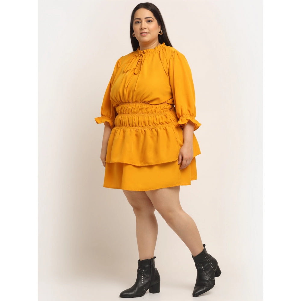 Amfyn Women's Crepe Solid Knee Length Fit and Flare Dress (Yellow)